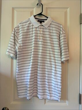 🔥4/$45🔥Tommy Hilfiger White Polo with Thin Navy Horizontal Stripes